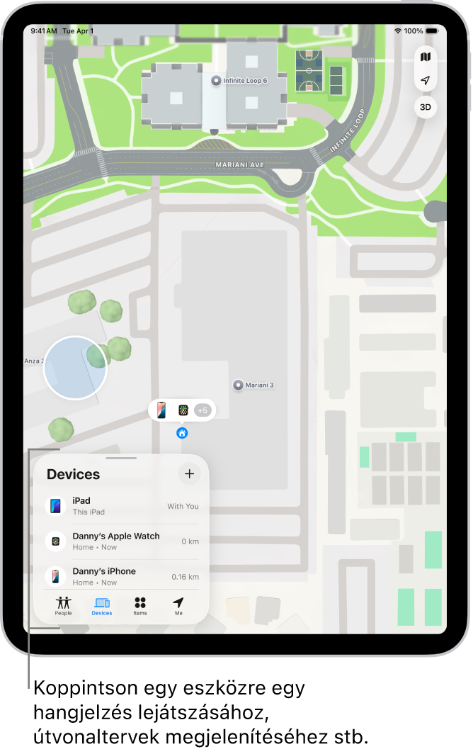 A Lokátor képernyője, amelyen az Eszközök lista van megnyitva. A listán lévő eszközök a következők: Dani iPadje, Dani iPhone-ja, Dani Apple Watcha és Dani AirPods Prója. Az eszközök helyzete egy térképen látható Santa Cruz közelében.