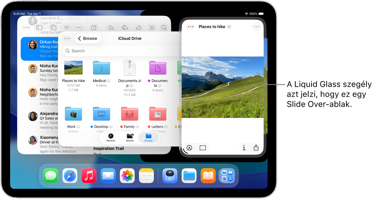 Három alkalmazásablak nyílik meg a képernyőn, amelyek közül az egyik egy Slide Over-ablak, amint azt a Liquid Glass keret jelzi.