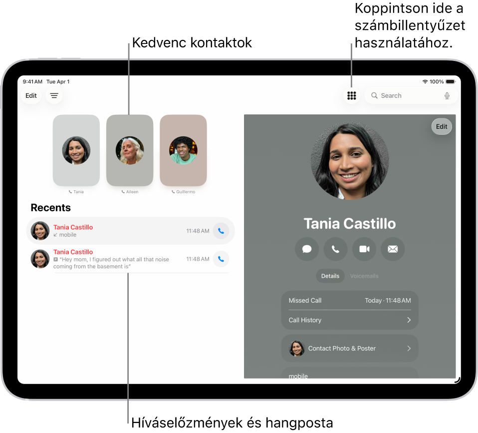 A Telefon app a kedvenc kontaktokkal a képernyő bal oldalán. A Kedvencek rész alatt a legutóbbi hívások és hangpostaüzenetek listája látható. A kontaktinformációk a képernyő jobb oldalán, míg a Gombok gomb a képernyő jobb felső részén láthatók.