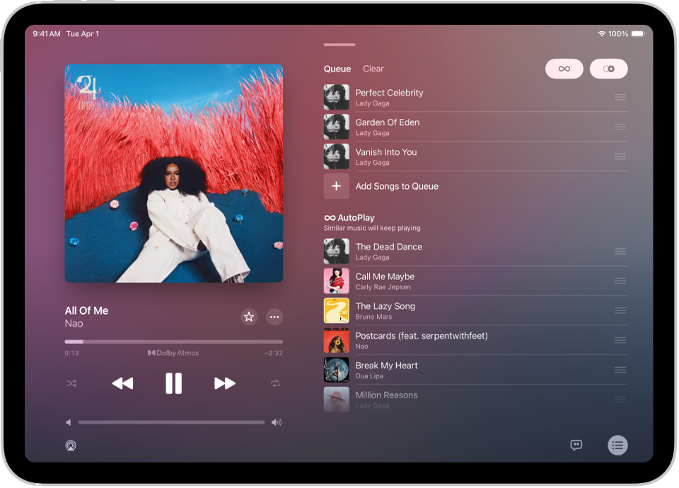 Layar Sedang Diputar yang menampilkan antrean dengan Putar Otomatis dan AutoMix dinyalakan. Lagu serupa muncul di bawah lagu di album.