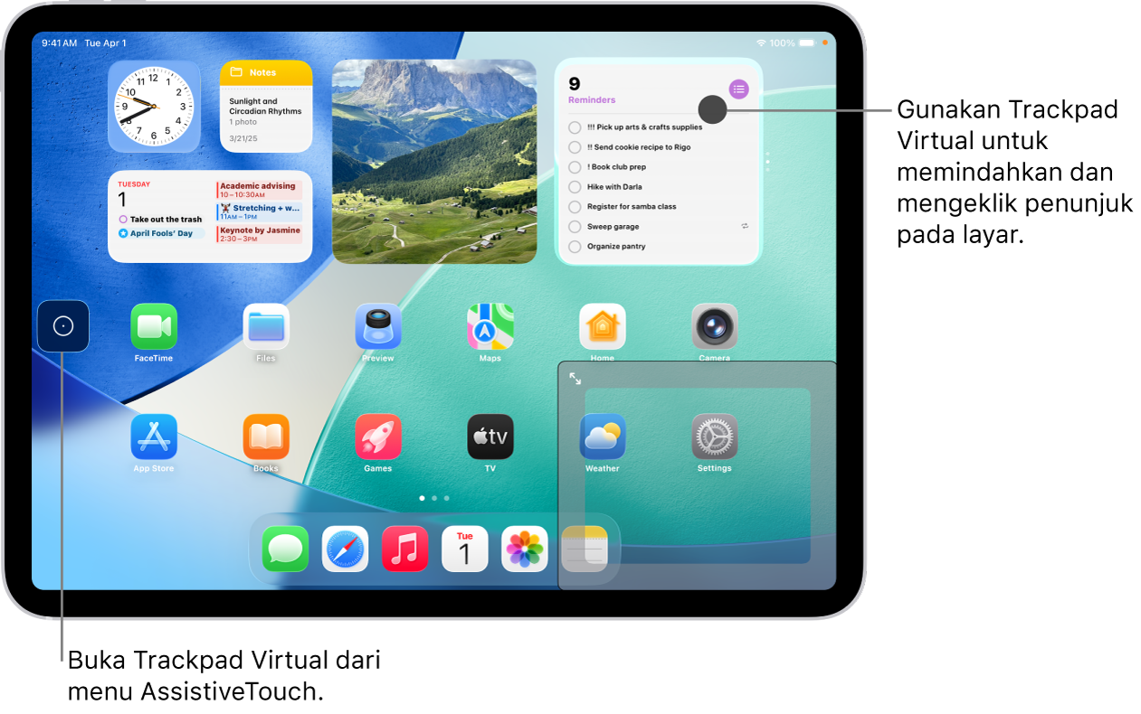 iPad dengan trackpad virtual yang ditampilkan di pojok layar. Di layar juga terdapat menu AssistiveTouch (yang digunakan untuk membuka trackpad) dan penunjuk (yang dikontrol dengan trackpad).