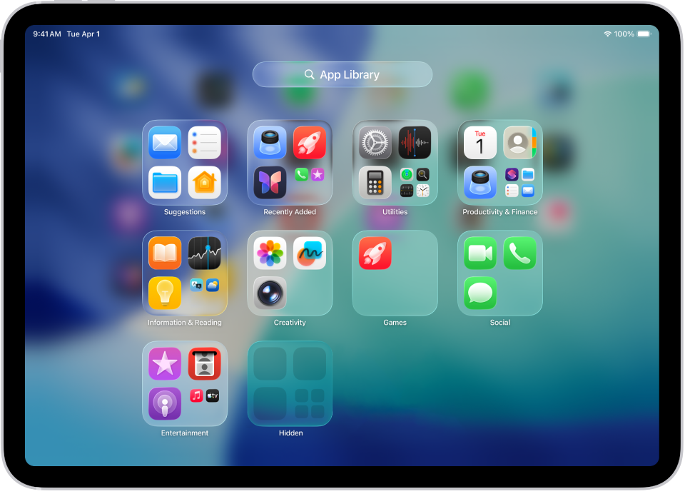 Perpustakaan App di iPad menampilkan app yang diatur menurut kategori (Hiburan, Produktivitas & Keuangan, dan seterusnya).