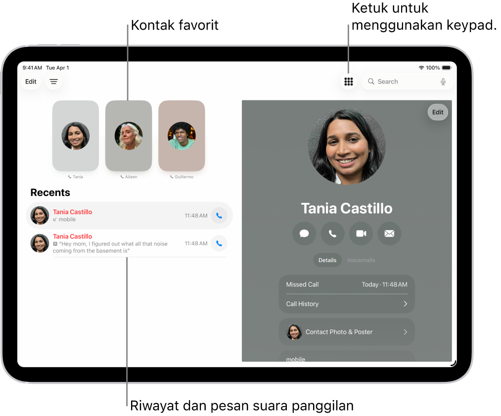 App Telepon, dengan kontak Favorit di sisi kiri layar. Di bawah Favorit terdapat daftar panggilan dan pesan suara terbaru. Informasi kontak muncul di sisi kanan layar, dengan tombol Keypad di kanan atas layar.