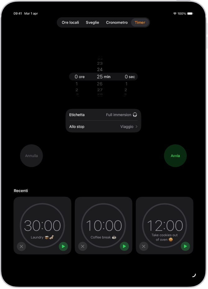 Il pannello Timer che mostra le opzioni per impostare un timer. Sotto le opzioni del timer è presente un timer creato di recente. I pulsanti “Ore locali”, Sveglia, Cronometro e Timer si trovano nella parte inferiore dello schermo.
