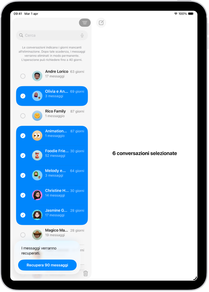 Recupero di diversi messaggi eliminati di recente.