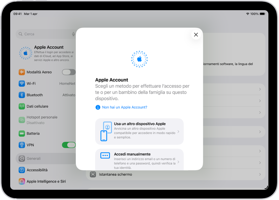 La schermata di Impostazioni, con la finestra di dialogo di login dell’Apple Account al centro dello schermo.
