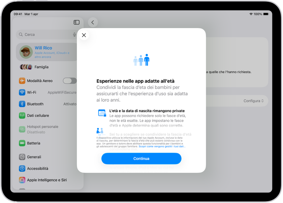 La schermata delle impostazioni di iPad che mostra la finestra per la configurazione “Esperienze nelle app adatte all’età”, che spiega come aiutare i bambini a sfruttare un’esperienza appropriata per loro condividendo la loro fascia d’età.