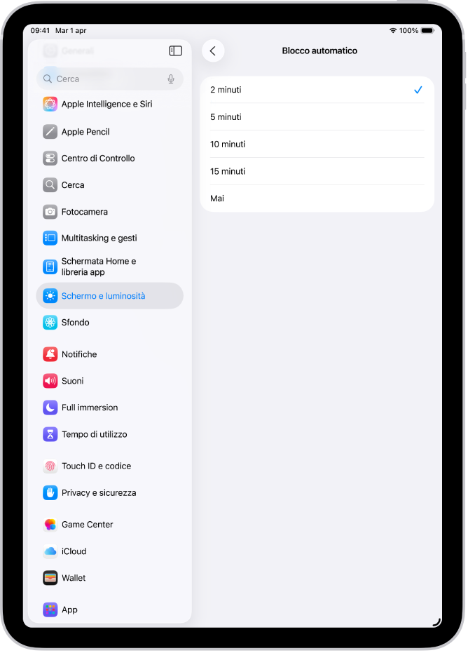 La schermata “Blocco automatico” con le impostazioni per selezionare la durata di tempo prima del blocco automatico di iPad.
