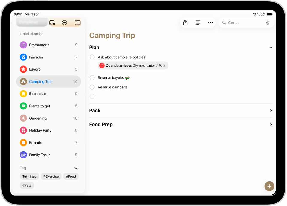 L’app Promemoria che mostra un elenco con una sezione espansa e le altre contratte.