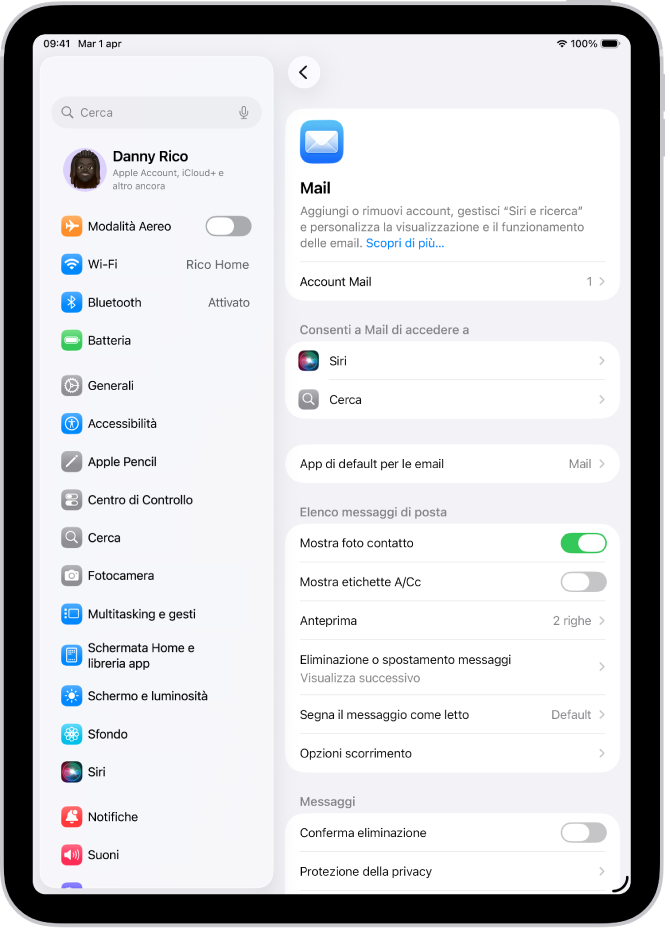 La schermata delle impostazioni di Mail.