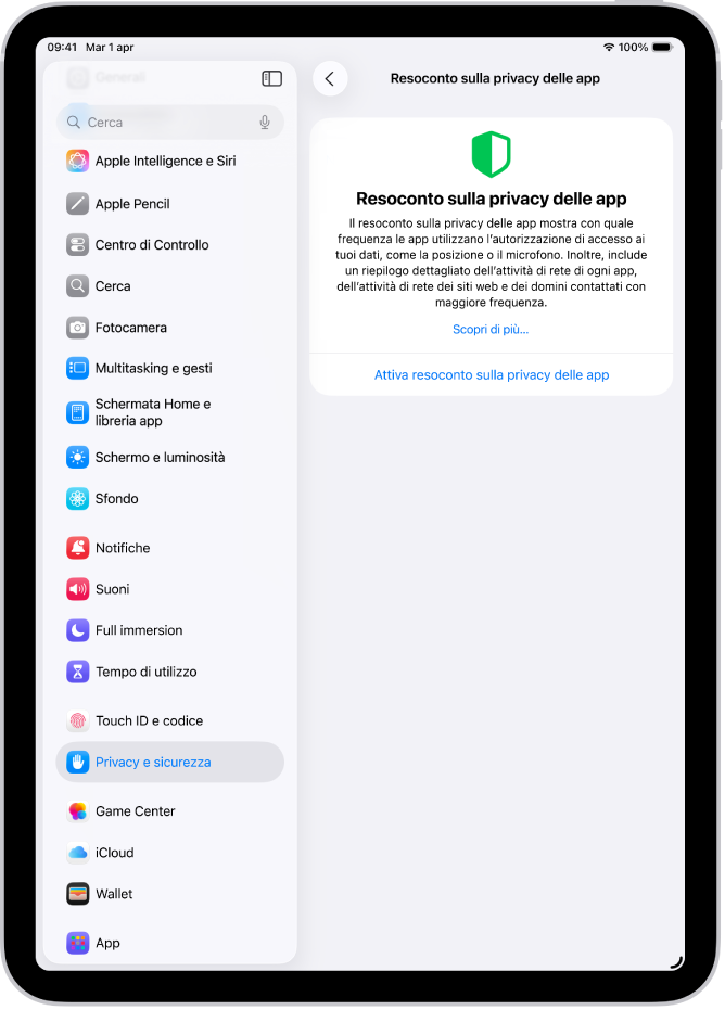 La schermata del resoconto sulla privacy delle app dove è possibile attivare un resoconto che mostra quante volte le app utilizzano i permessi che hai concesso loro, insieme alla relativa attività di rete.