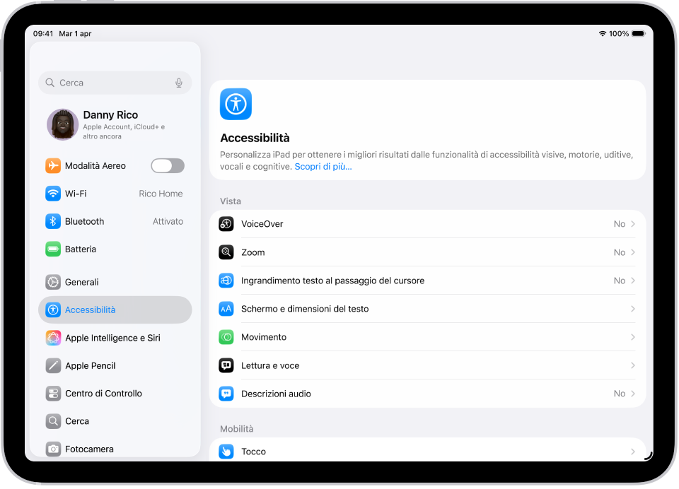 Una schermata di Impostazioni con le opzioni di Accessibilità come VoiceOver, “Descrizioni audio” e “Controllo interruttori”.