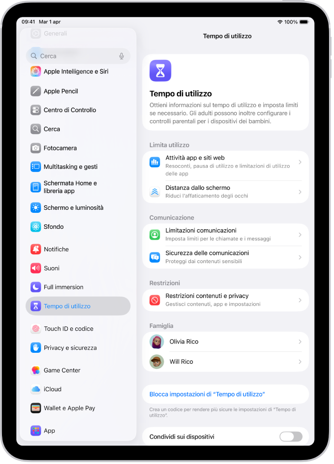 La schermata di configurazione di “Tempo di utilizzo”, su cui è possibile toccare “Attività app e siti web” per iniziare.