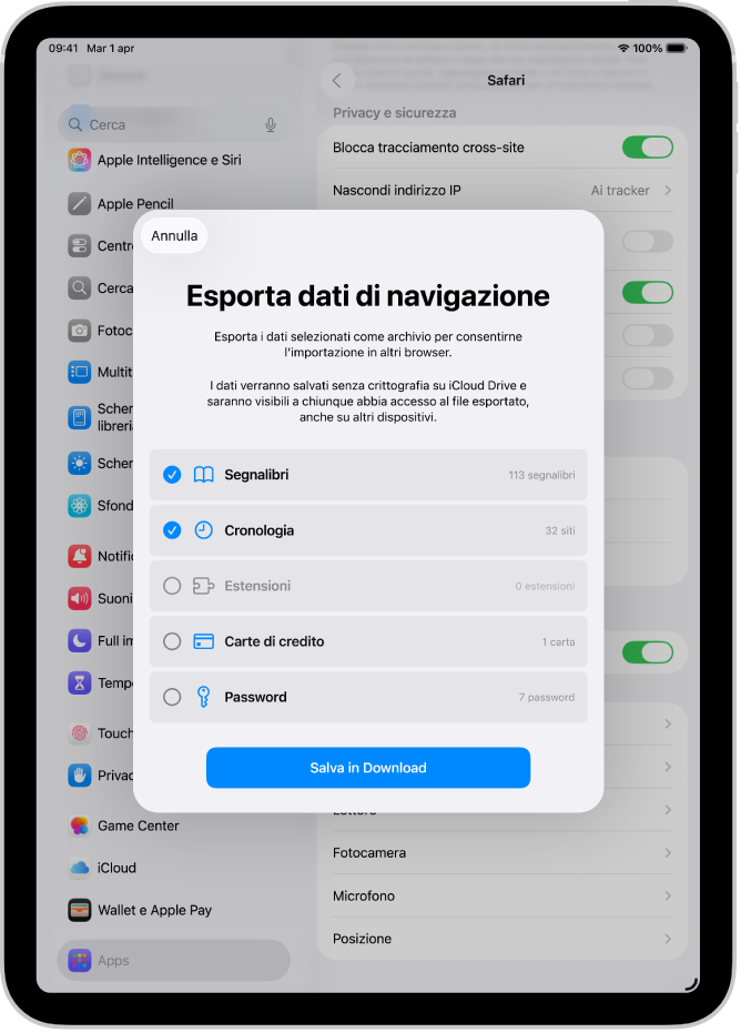 La schermata di esportazione dei dati di navigazione che mostra i dati che puoi esportare da Safari su un altro browser.