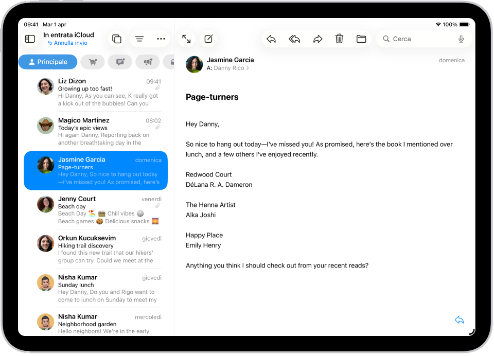 La casella Entrata di Mail con un elenco di messaggi sulla sinistra e un’email aperta sulla destra. Il pulsante “Annulla invio” (per annullare l’invio di un messaggio email inviato di recente) si trova sotto all’elenco di messaggi.
