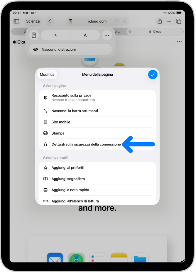 Il “Menu della pagina” è aperto in Safari e, a metà pagina, è visibile il controllo “Dettagli sulla sicurezza della connessione”.