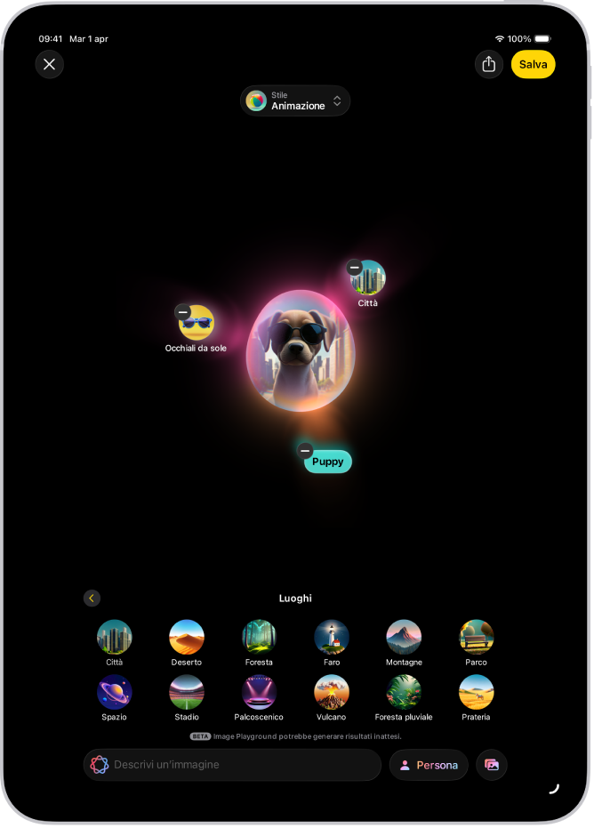 La finestra dell’app Image Playground che mostra l’immagine creata di un cane che indossa un paio di occhiali da sole.