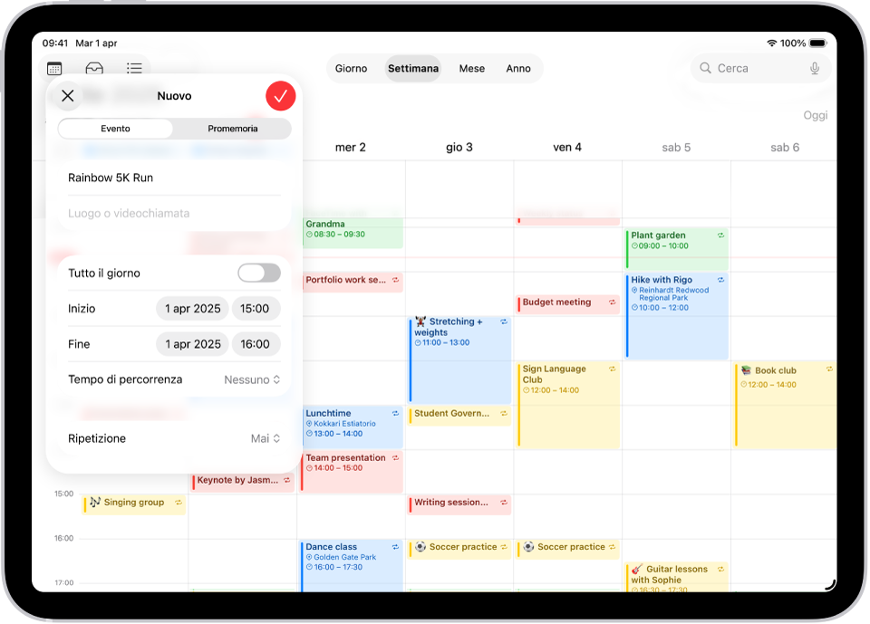 Un calendario nella vista settimanale con la finestra per creare un evento.