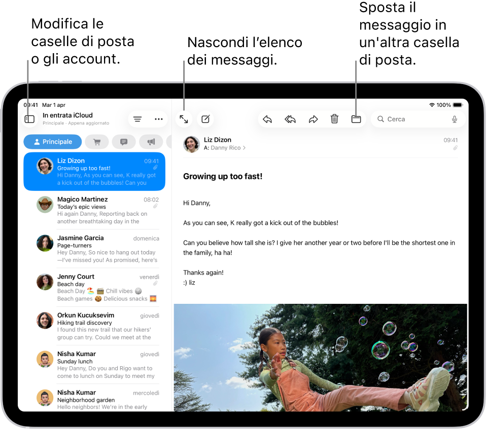 La casella Entrata di Mail con un elenco di email sulla sinistra e un’email aperta sulla destra.