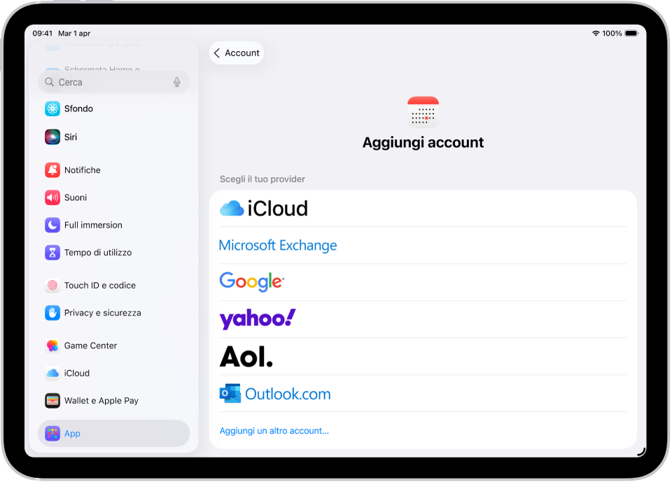 Le impostazioni per aggiungere un account di Calendario con diversi fornitori.