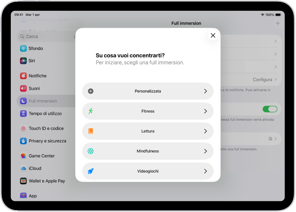 La schermata di configurazione per le full immersion aggiuntive disponibili, tra cui Personalizzata, Fitness, Videogiochi, Mindfulness e Lettura.