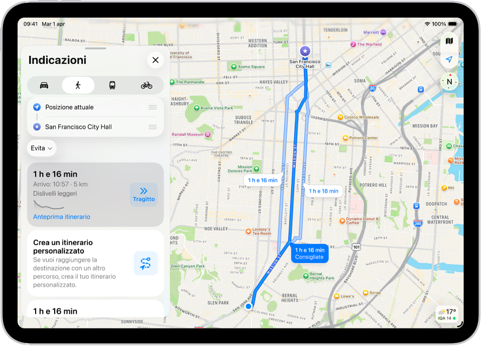 Una mappa che mostra due itinerari a piedi, ciascuno con il pulsante Passi.