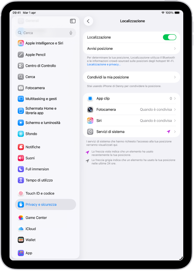 La schermata Localizzazione con le impostazioni per condividere la posizione di iPad con altre app.