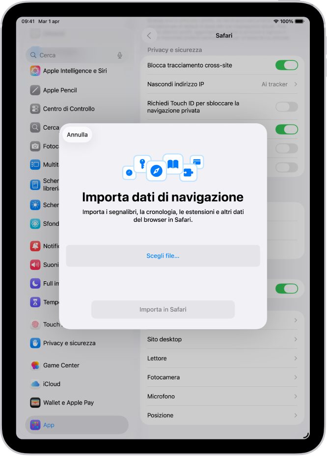 La schermata di importazione dei dati di navigazione che mostra i dati di un altro browser da importare in Safari.