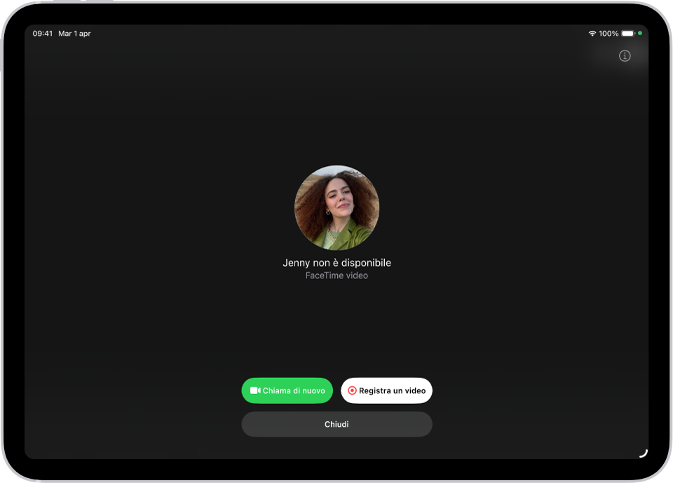 La schermata Registra video che mostra che la persona chiamata non è disponibile. Vengono mostrati i pulsanti “Chiama di nuovo” e “Registra un messaggio video”, che puoi toccare per registrare un messaggio video.