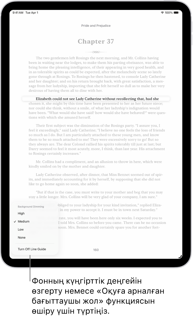 «Кітаптар» қолданбасындағы кітаптың беті. Мәтіннің бір жолы бөлектеліп, мәтіннің қалған бөлігі күңгірттенеді. Экранның төменгі сол жақ бұрышындағы — «Оқуға арналған бағыттаушы жол мәзірі» түймесі.