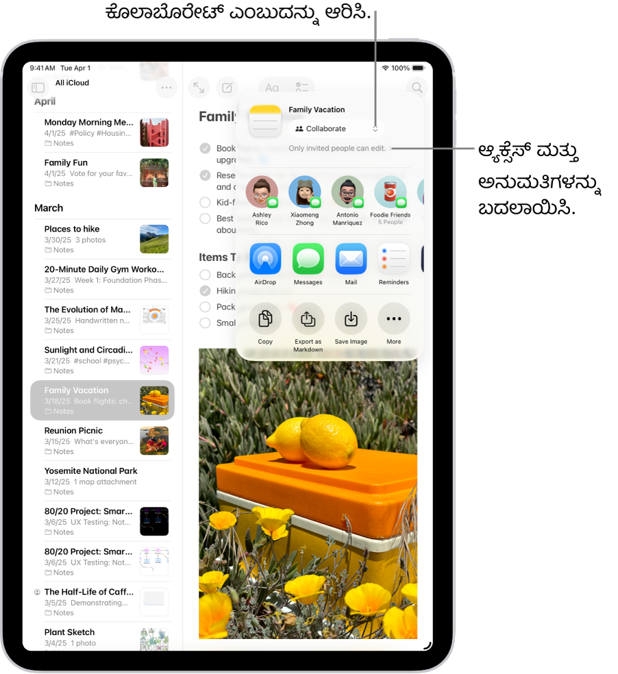 ಹಂಚಿಕೊಳ್ಳುವಿಕೆ ಆಯ್ಕೆಗಾಗಿ ಕೊಲಾಬೊರೇಟ್ ಎಂಬುದನ್ನು ತೋರಿಸುತ್ತಿರುವ ಹಾಗೂ ಆ್ಯಕ್ಸೆಸ್ ಮತ್ತು ಅನುಮತಿ ಸೆಟ್ಟಿಂಗ್ ಆಗಿ “ನೀವು ಆಹ್ವಾನಿಸಿದ ಜನರು ಮಾತ್ರ ಎಡಿಟ್ ಮಾಡಬಹುದು”ಎಂಬ ಆಯ್ಕೆಯನ್ನು ಹೊಂದಿರುವ, ಟಿಪ್ಪಣಿ ಆ್ಯಪ್ನಲ್ಲಿನ ಚೆಕ್ಲಿಸ್ಟ್ನ ಕೊಲಾಬೊರೇಷನ್ ಆಹ್ವಾನ. ಒಂದು ಗುಂಪು ಸೇರಿದಂತೆ ನಾಲ್ಕು ಜನ ಸಂಭಾವ್ಯ ಸ್ವೀಕೃತದಾರರು ಅದರ ಕೆಳಗೆ ಸಾಲಿನಲ್ಲಿ ಲಭ್ಯವಿರುತ್ತಾರೆ. ಮುಂದಿನ ಸಾಲು ಟಿಪ್ಪಣಿ ಹಂಚಿಕೊಳ್ಳಲು ವಿವಿಧ ಮಾರ್ಗಗಳನ್ನು ಒದಗಿಸುತ್ತದೆ: AirDrop, ಸಂದೇಶಗಳು, ಮೇಲ್ ಮತ್ತು ರಿಮೈಂಡರ್ಸ್. ಕೊನೆಯ ಸಾಲಿನಲ್ಲಿ ಟಿಪ್ಪಣಿಯನ್ನು ಕಾಪಿ ಮಾಡಲು, ಎಕ್ಸ್ಪೋರ್ಟ್ ಮಾಡಲು ಮತ್ತು ಸೇವ್ ಮಾಡಲು ಬಟನ್ಗಳಿವೆ.
