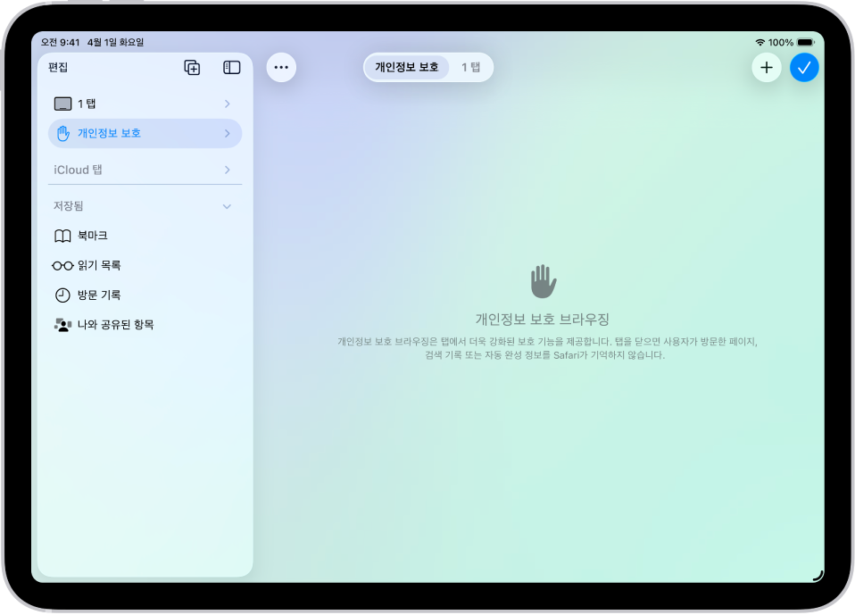 Safari 윈도우 왼쪽의 Safari 사이드바가 열려 있고 개인정보 보호가 선택됨. 오른쪽에는 Safari가 브라우징 내용을 기억하지 않는다는 설명이 있음.