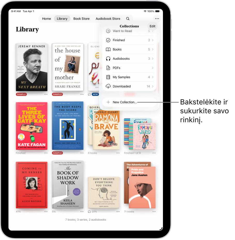 „Biblioteka“ ekranas programoje „Knygos“. Ekrano viršuje rodomas atidarytas „Rinkinių“ meniu bei parinktys, pvz., „Audioknygos“ ir „PDF failai“.