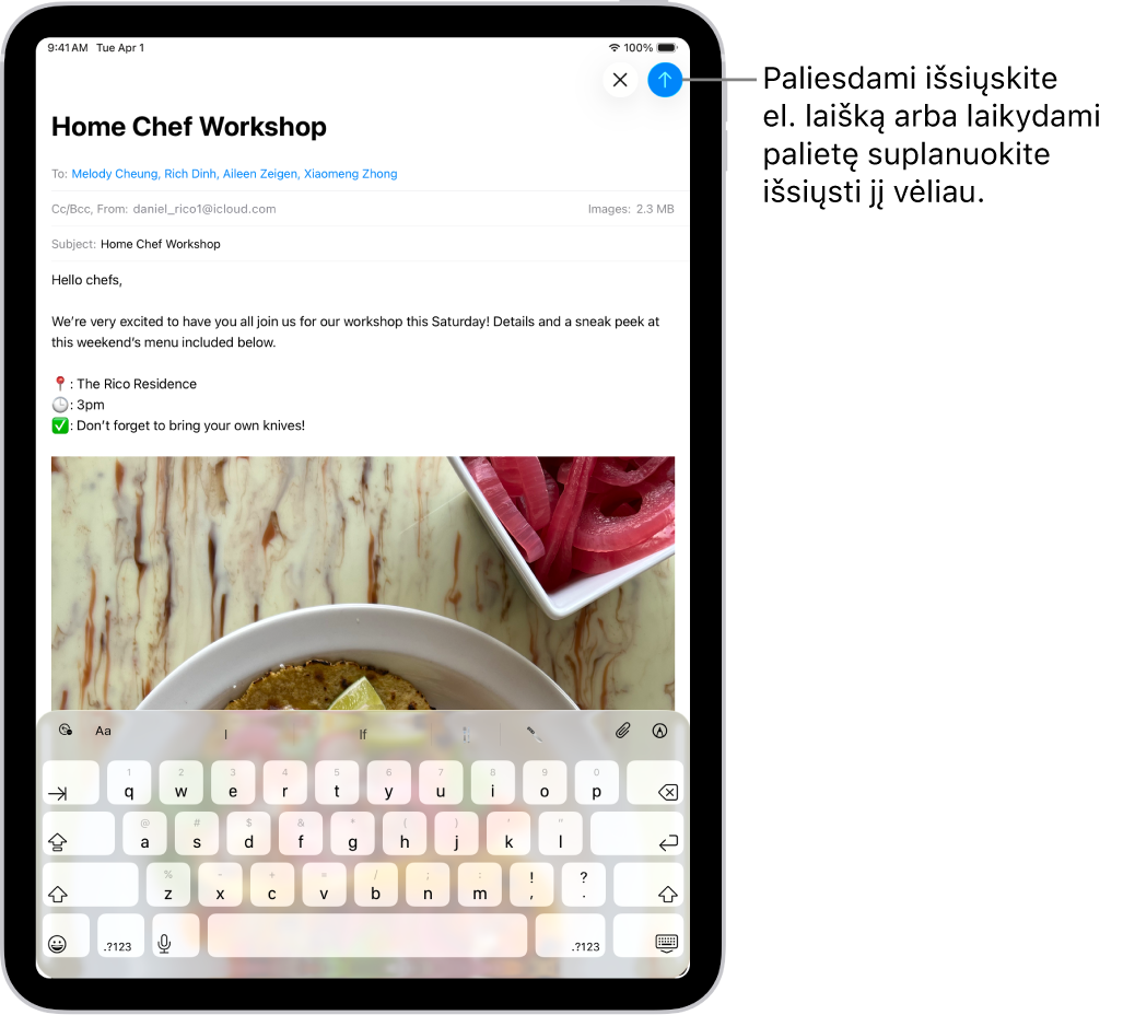 El. laiško juodraštis atidarytas programoje „Mail“. Mygtukas, skirtas siųsti el. laišką, yra viršutiniame dešiniajame kampe. Bakstelėkite, kad išsiųstumėte el. laišką, arba laikykite palietę, kad suplanuotumėte el. laiško išsiuntimo laiką.