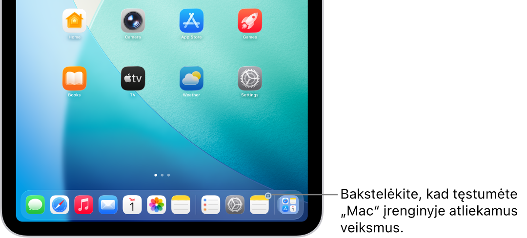 „iPad“ esančioje „Dock“ juostoje matoma „Handoff“ piktograma.