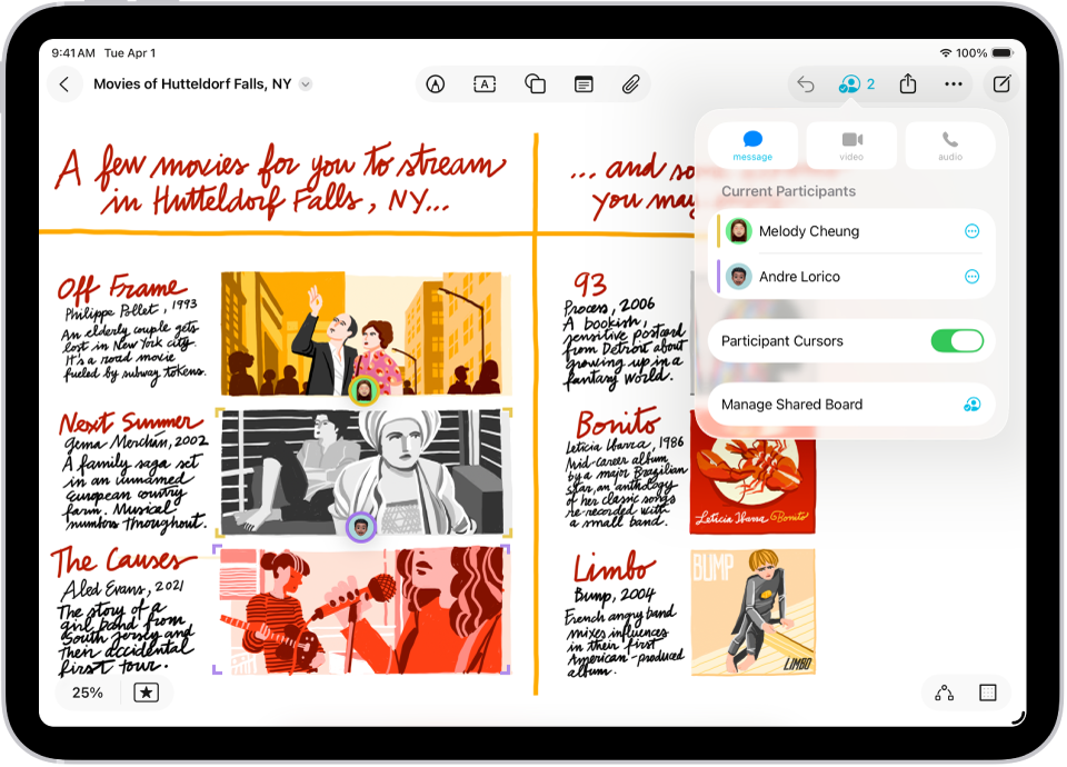 Freeform ar diviem citiem dalībniekiem, kuru atlases ir apzīmētas ar krāsainām atzīmēm.