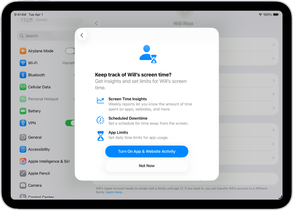Ekrāni Settings ar virsū uznirstošo logu, kurā iestatīts Screen Time.