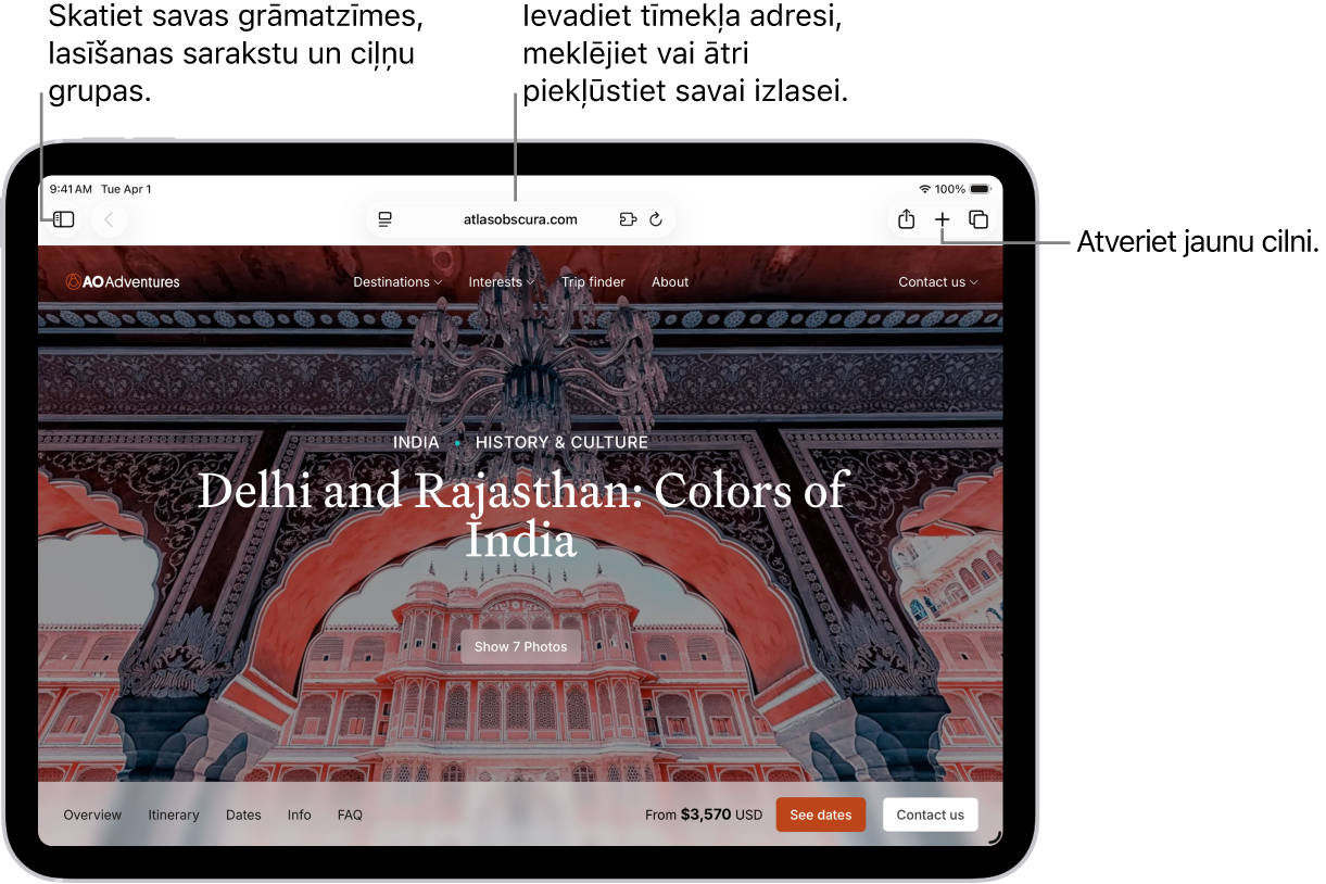 Atvērta tīmekļa vietne. Augšdaļā no kreisās uz labo pusi ir poga Sidebar, Previous, meklēšanas lauks, poga Share, poga New Tab un poga Tab Overview.