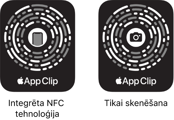 Pa kreisi ir redzams NFC integrēts App Clip Code kods ar iPhone tālruņa ikonu centrā. Pa labi ir redzams tikai skenējams App Clip Code kods ar kameras ikonu centrā.