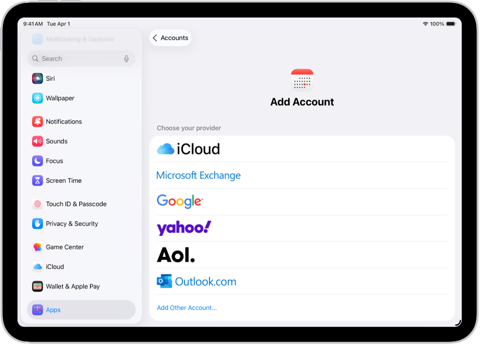 Kalendāra konta pievienošanas iestatījumi, kur redzami dažādi kalendāru nodrošinātāji.