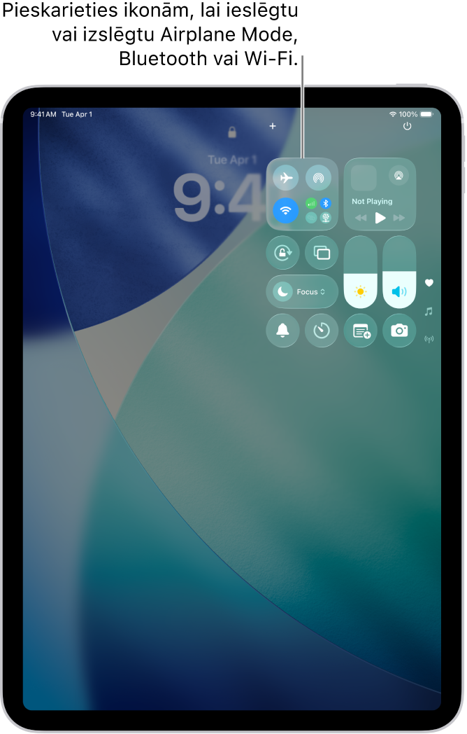 Izvēlnes Control Center ekrāns, kurā norādīts, ka pieskāriens augšējai pogai pa kreisi ieslēdz lidmašīnas režīmu.