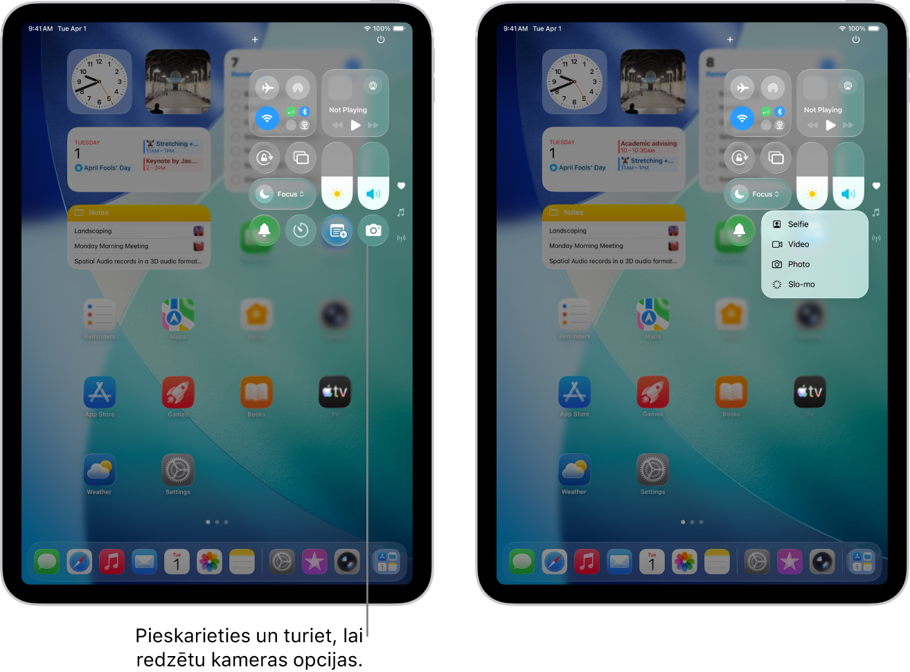 iPad ierīces izvēlne Control Center. Lidmašīnas režīma, mobilo datu, Wi-Fi un Bluetooth vadīklas izvēlnes Control Center augšējā kreisajā grupā iPad Wi-Fi + Cellular modeļiem. Control Center apakšējā labajā stūrī ir vadīkla Camera. Ekrānā pa labi ir redzama ātrā opciju izvēlne, kas parādās, kad turat nospiestu Camera vadīklu.