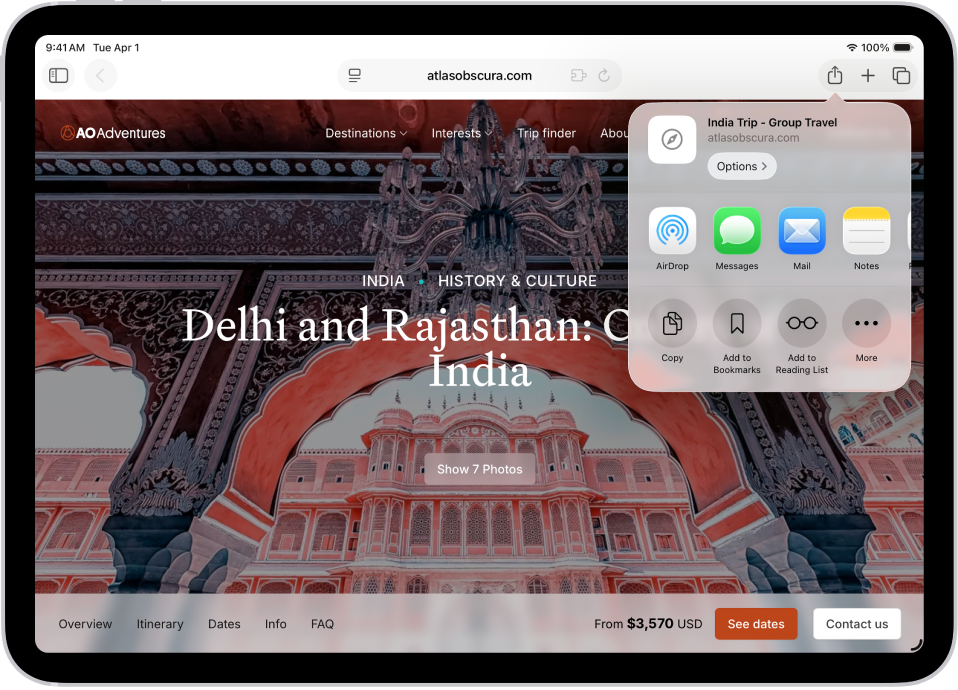 उघडलेले वेबपृष्ठ. ‘AirDrop’, ‘संदेश’, ‘Mail’, ‘नोट्स’, ‘कॉपी करा’, ‘बुकमार्क्समध्ये समाविष्ट करा’, ‘वाचन यादीमध्ये समाविष्ट करा’ आणि बरेच काही ह्यांचे पर्याय दाखवणारे ‘शेअर करा’ बटण टॅप केले गेले आहे.