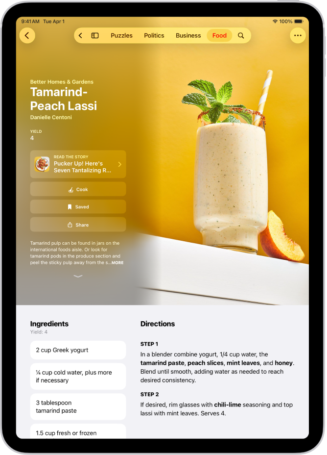 Apple News+ मधील पाककृती, ज्यामध्ये घटक आणि स्टेप्स दृश्यमान आहेत.