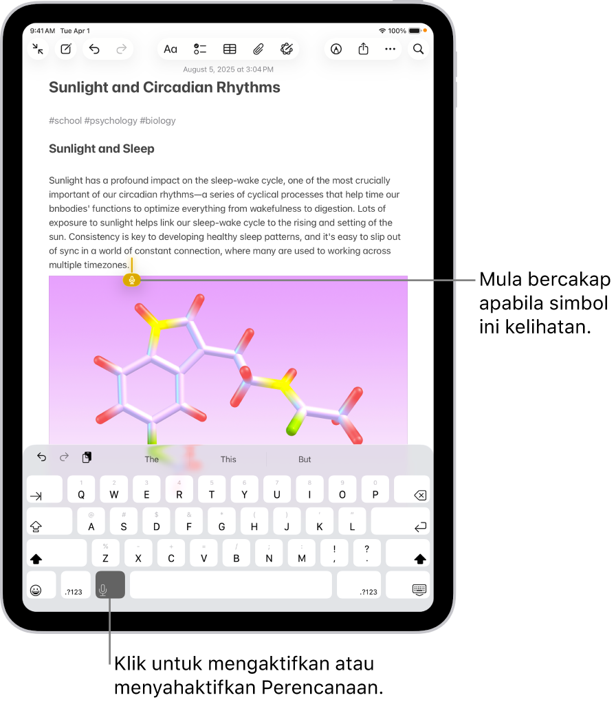 Papan kekunci atas skrin dibuka dalam app Nota. Butang Perencanaan di bahagian bawah papan kekunci dipilih dan butang Perencanaan kelihatan di bawah titik sisipan dalam medan teks.