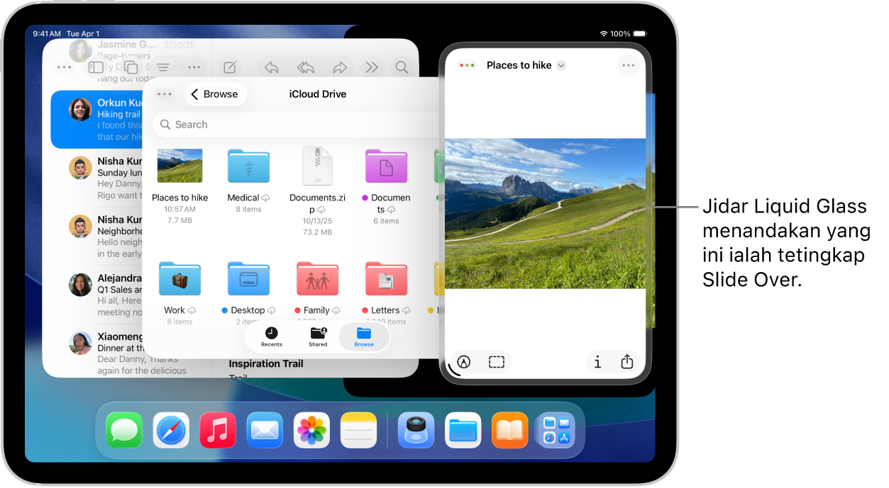 Tiga tetingkap app terbuka pada skrin, salah satunya ialah tetingkap Slide Over seperti yang ditunjukkan oleh jidar Liquid Glass.