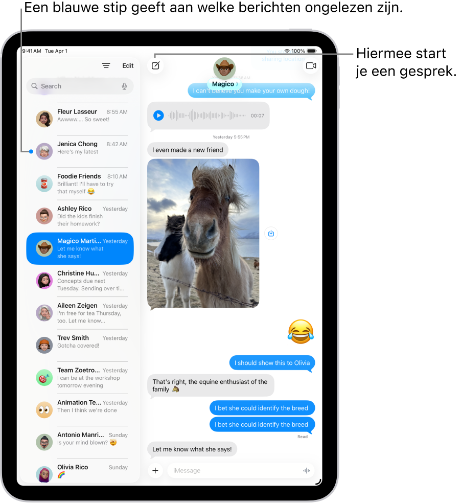 Links de gesprekkenlijst in Berichten en rechts een gesprek. Een ongelezen bericht is gemarkeerd met een blauwe stip.