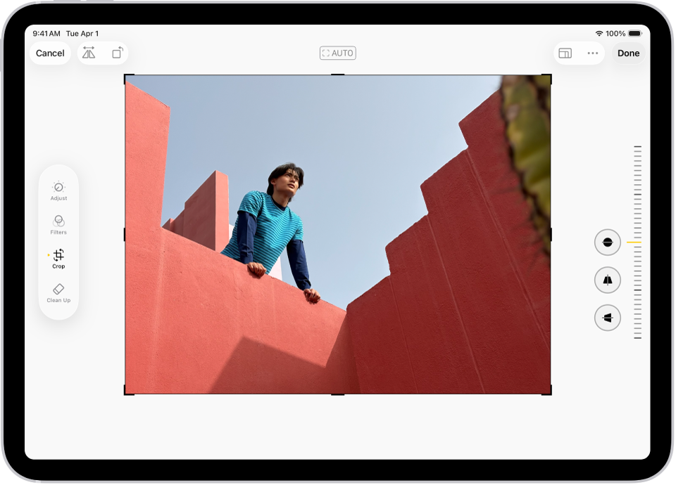 Het bewerkingsscherm in de Foto's-app, met in het midden een foto. Aan de linkerkant van het scherm staan de knoppen 'Pas aan', 'Filters' en 'Snij bij'. De knop 'Snij bij' is geselecteerd. Aan de rechterkant van het scherm staan de bijsnijdopties en een schuifknop om de intensiteit van het effect aan te passen.