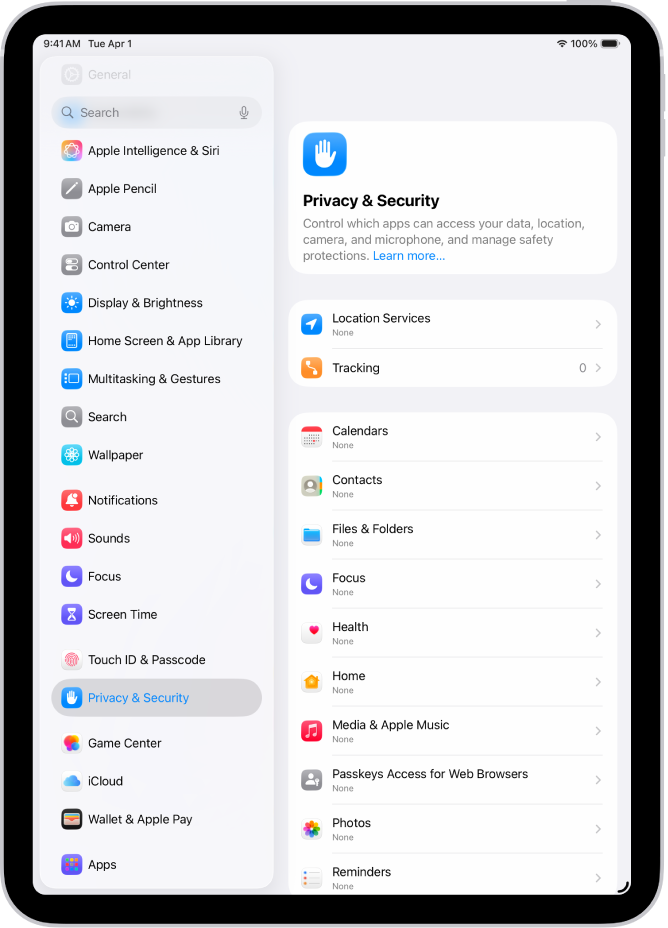 De instellingen voor 'Locatievoorzieningen', met opties voor het delen van de locatie van je iPad en aangepaste instellingen voor afzonderlijke apps.