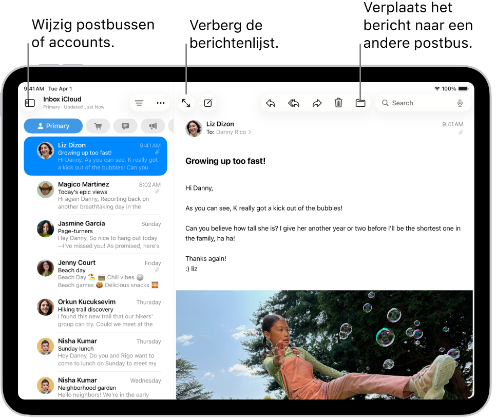 De postbus 'Inkomend' van Mail, met links een lijst met e‑mails en rechts een geopend bericht.
